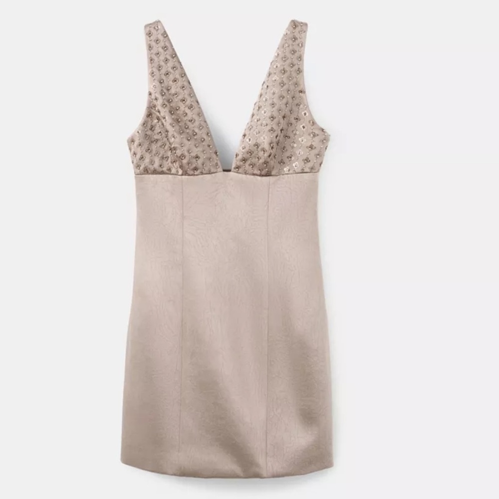 Mango Sequin Neckline Satin Dress in Mink Grey Color